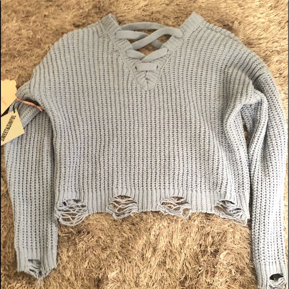 Blue Knitted Distressed sweater